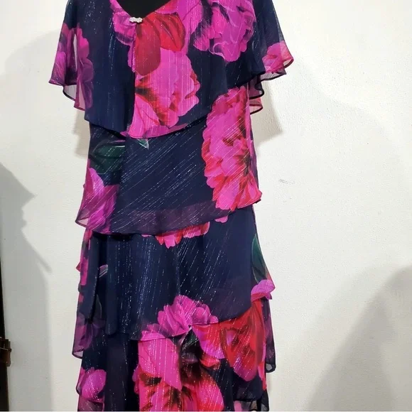 SLNY Womens Floral Flutter Party Sheath Chiffon Dress Black Red Pink Purple 14 - Picture 4 of 12